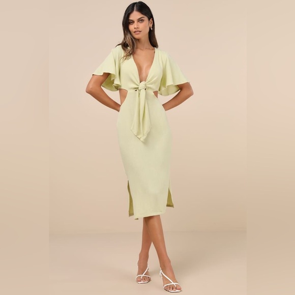 Summer Journey Light Green Tie-Front Cutout Midi Dress vacation Size large - Picture 1 of 8